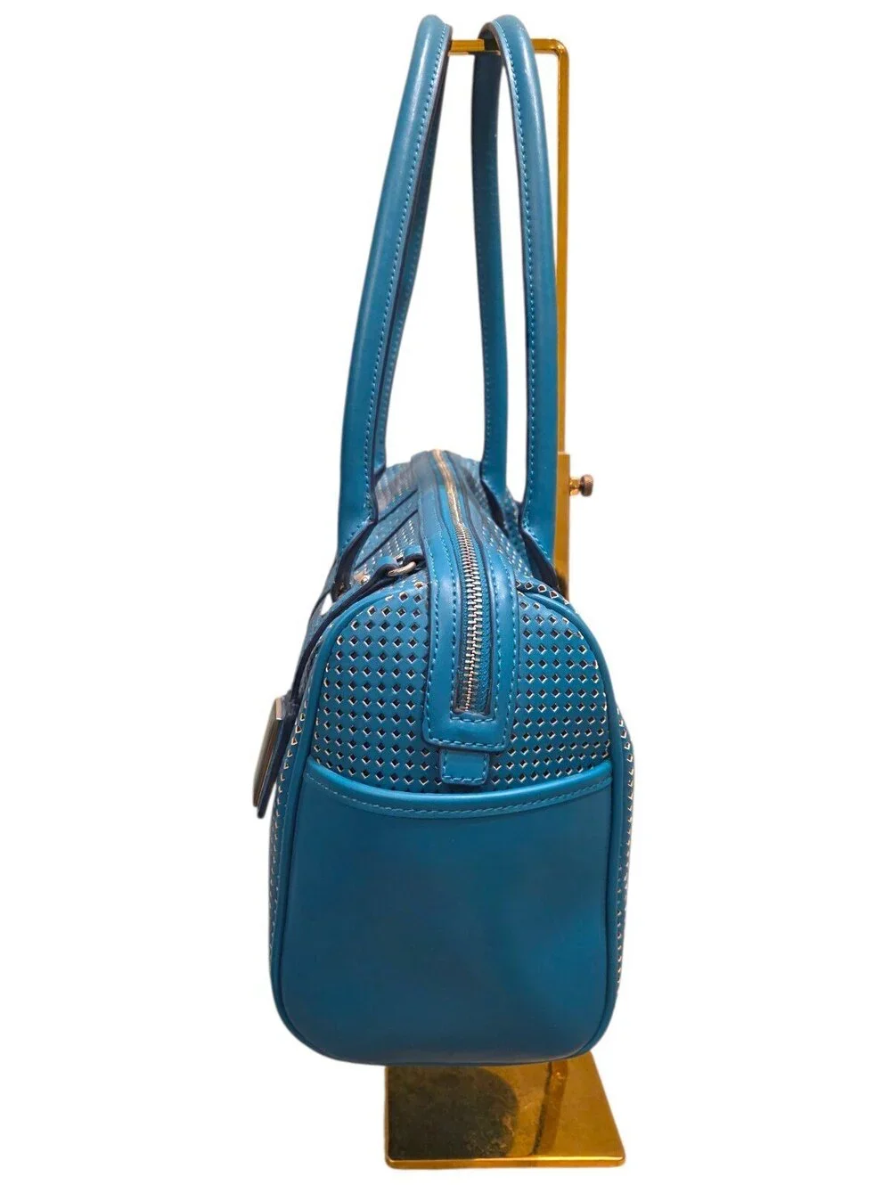 Nine West Teal Blue Perforated Satchel Shoulder Bag Purse Floral Lining